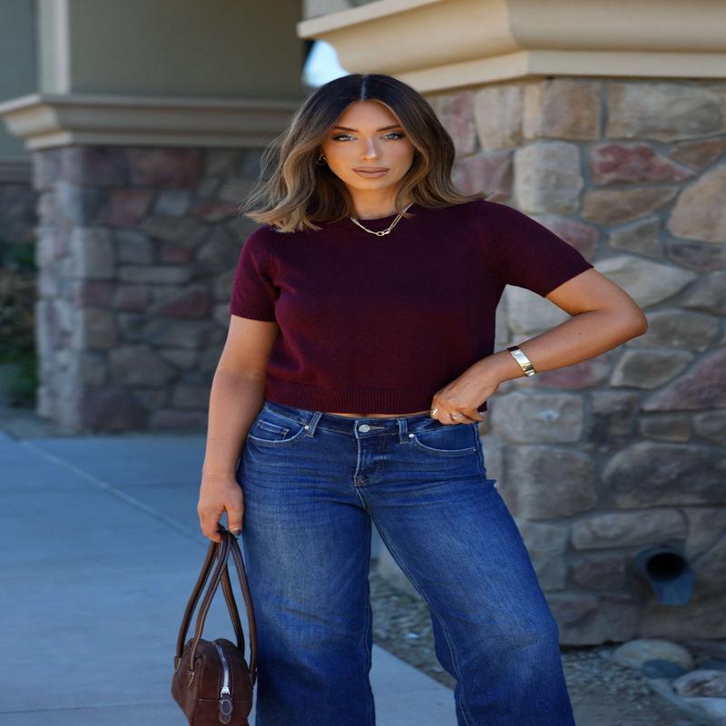 Burgundy Short Sleeve Ribbed Sweater