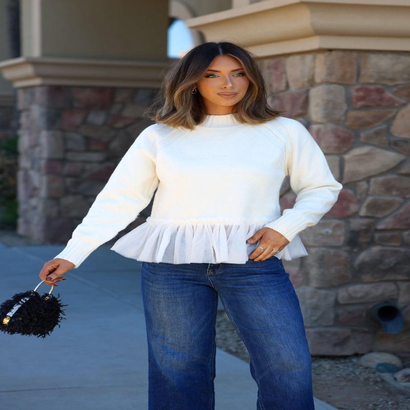 Cream Tulle Mesh Peplum Sweater