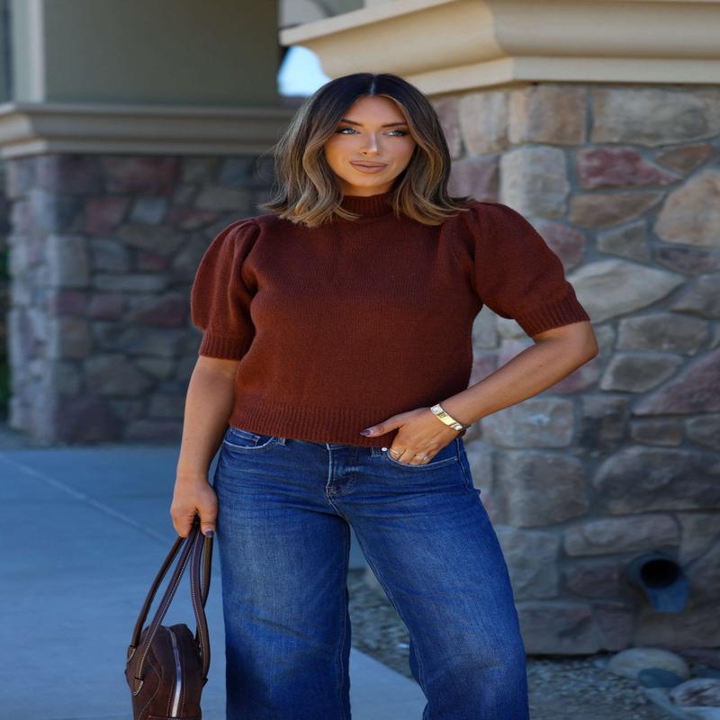 Delaney Chestnut Mock Neck Ribbed Sweater