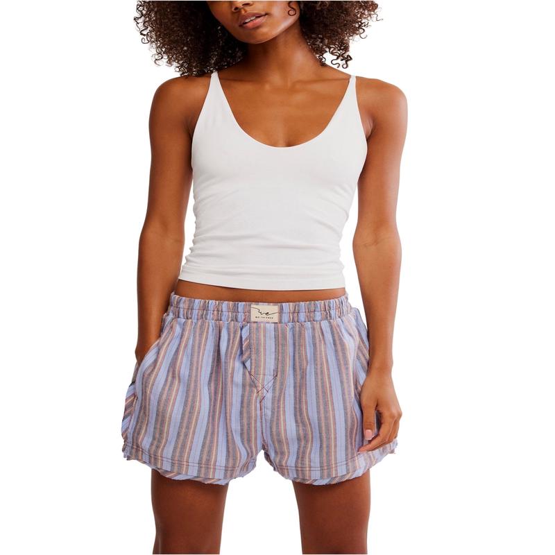 Free People Blue Day To Day Flannel Boxer Shorts