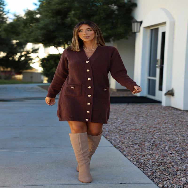 Brown Ribbed Cardigan Sweater Dress