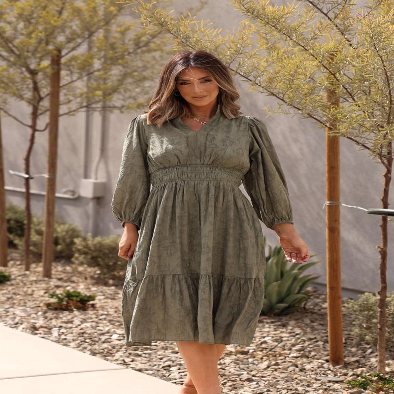 Earthy Olive Floral Print Midi Dress