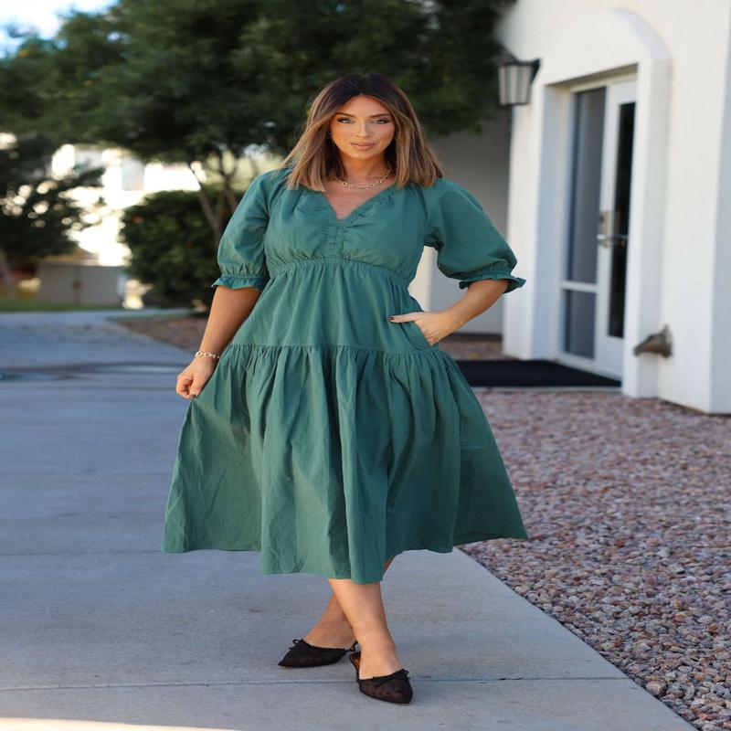 Teal Puff Sleeve Tiered Midi Dress