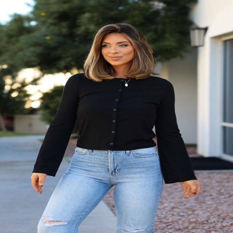Black Button Down Ribbed Top