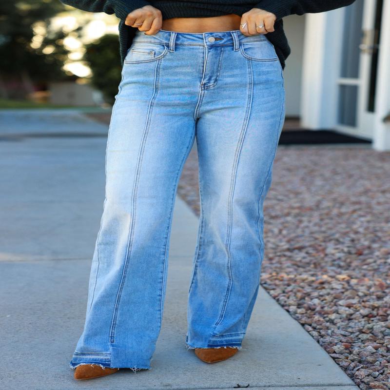Light Wash Seam Detail Wide Leg Jeans