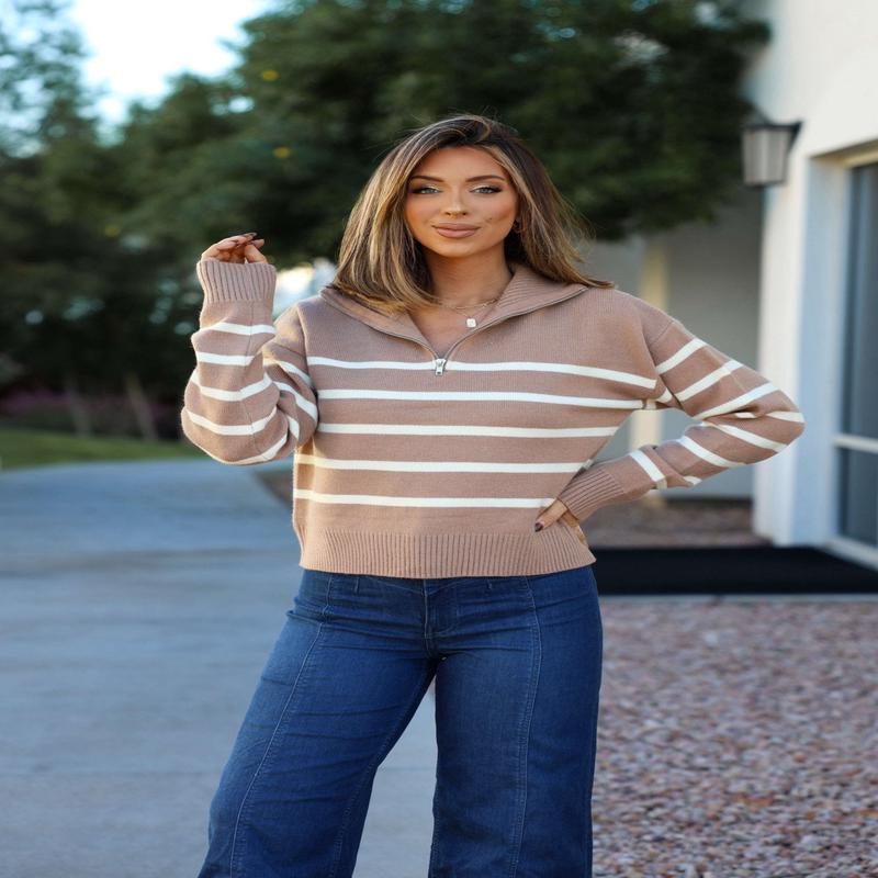 Taupe and Cream Striped Quarter Zip Pullover