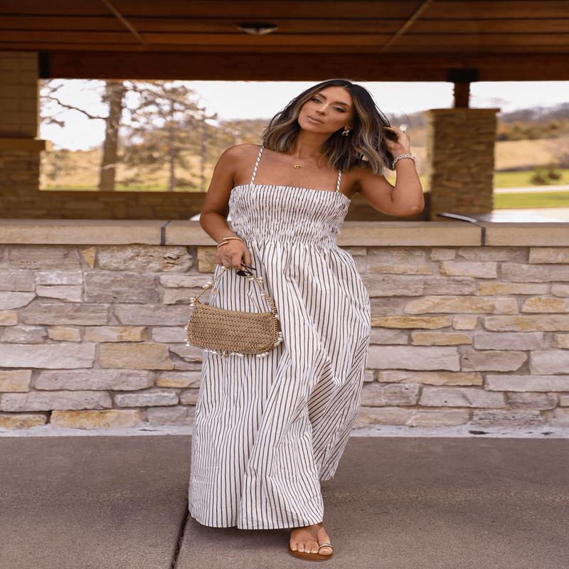Shannon Taupe and White Striped Ruched Maxi Dress - DOORBUSTER