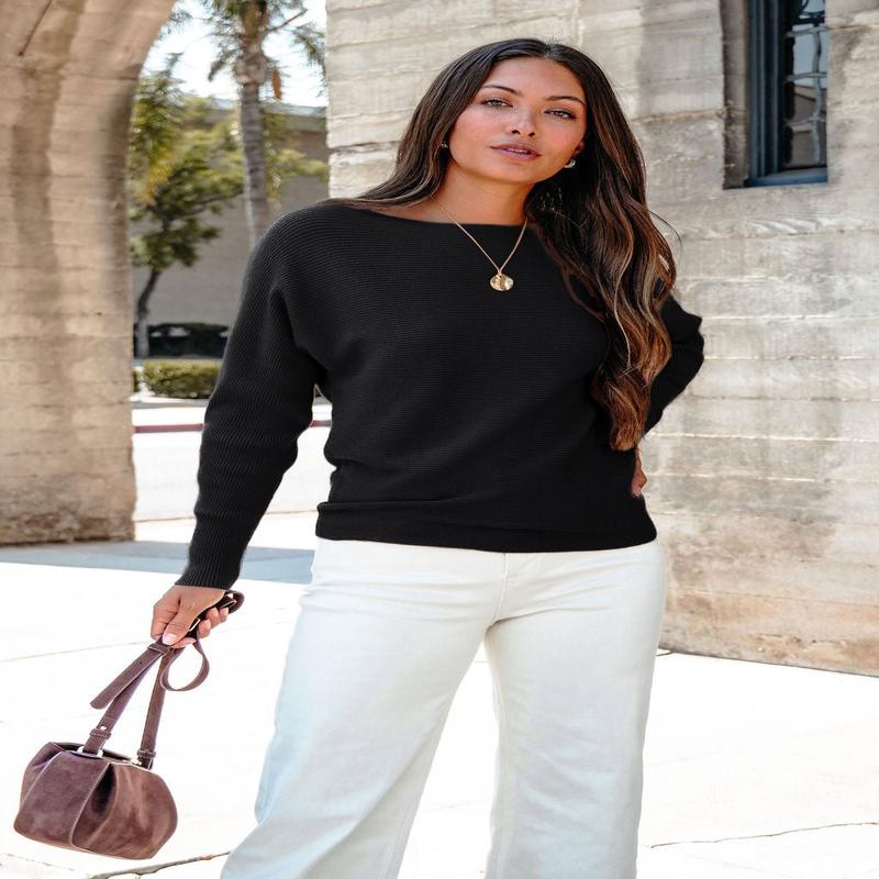 Cozy Ribbed Boat Neck Sweater - Black