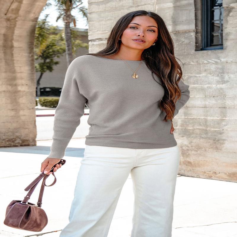Cozy Ribbed Boat Neck Sweater - Grey