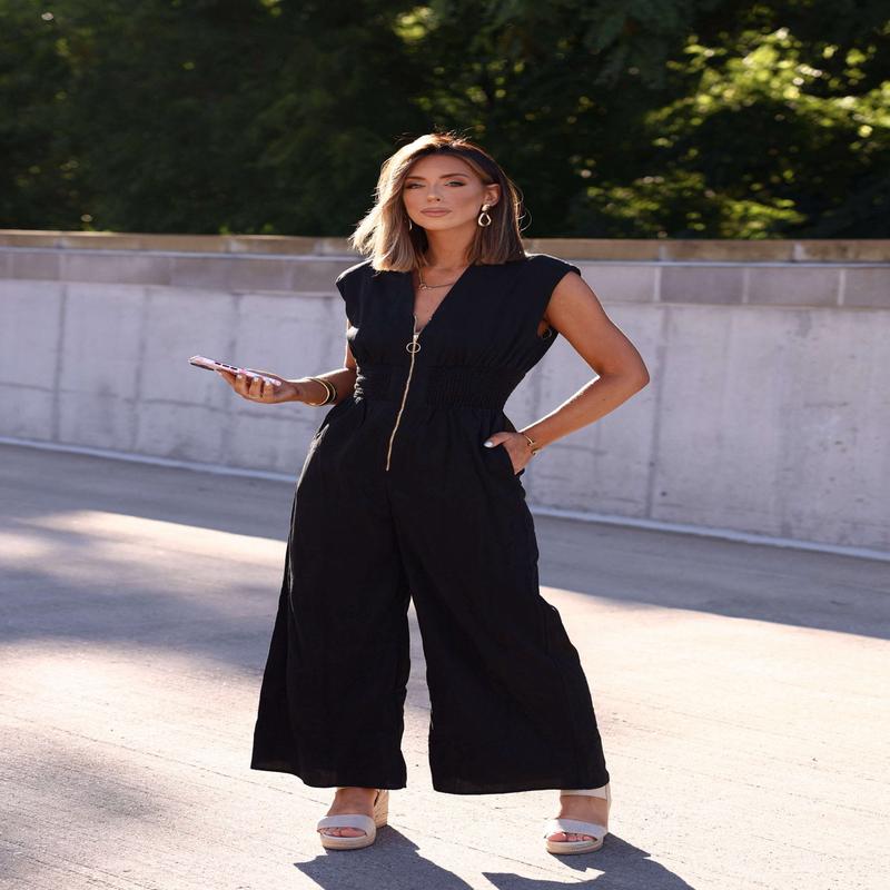 Quinn Black Smocked Zip Jumpsuit - FINAL SALE