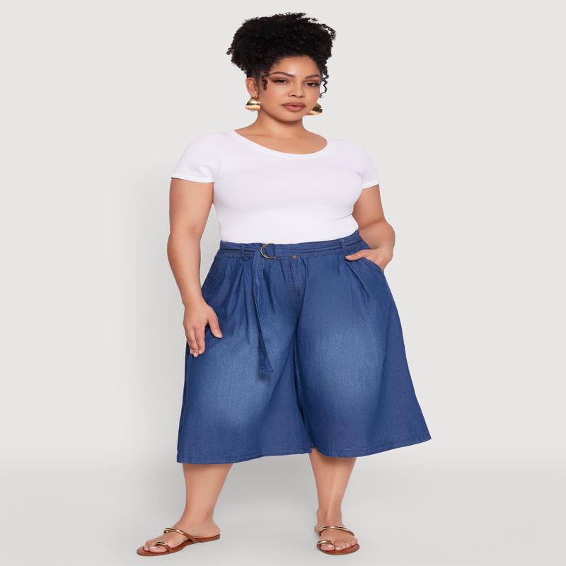 Plus Size Belted Front Chambray Culottes