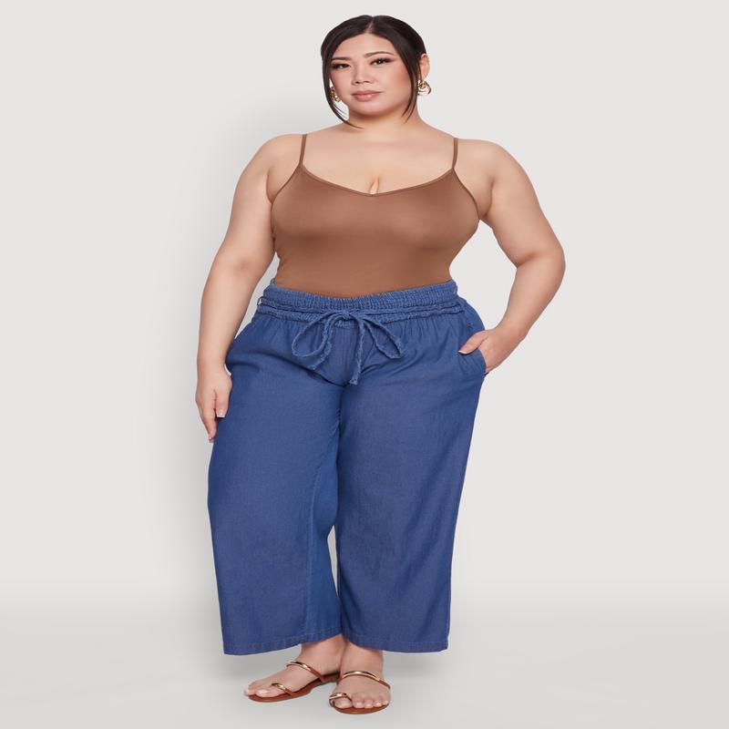 Plus Size Chambray Tie Waist Belted Pants