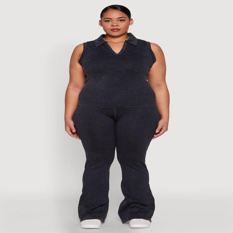 Plus Size Mineral Wash Ribbed Knit Boot Cut Pants