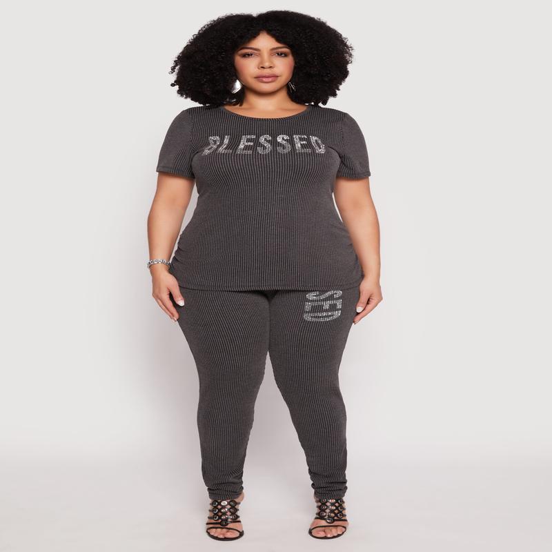 Plus Size Ribbed Knit Rhinestone Blessed Pants