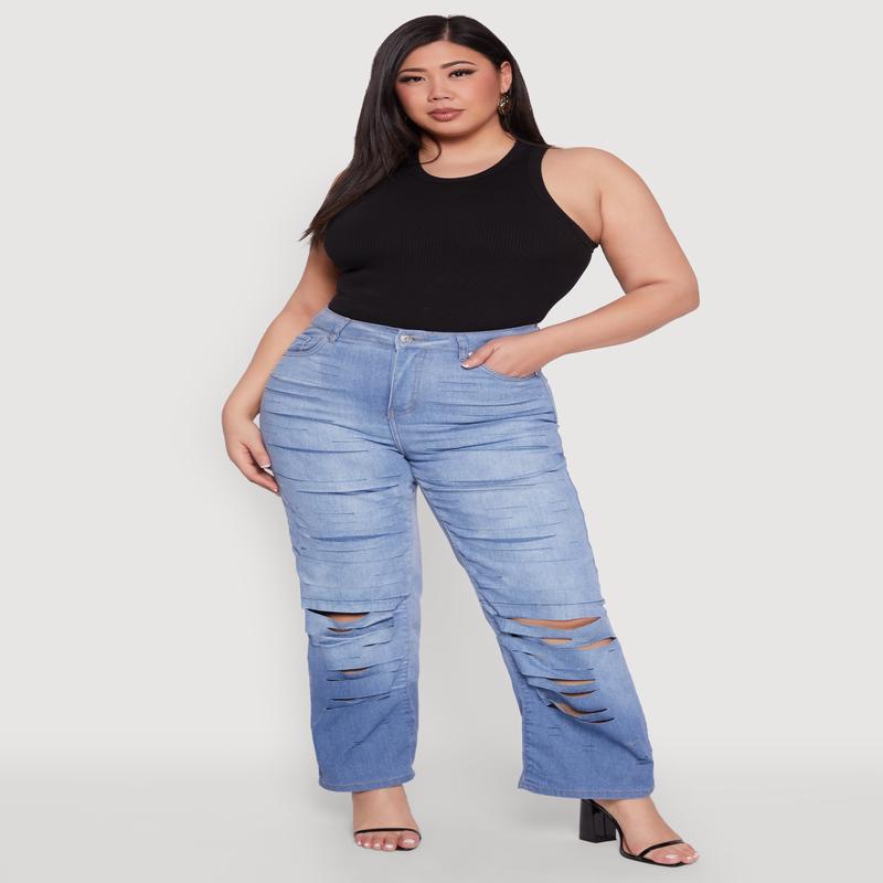 Plus Size Slashed Straight Leg Ombre Jeans
