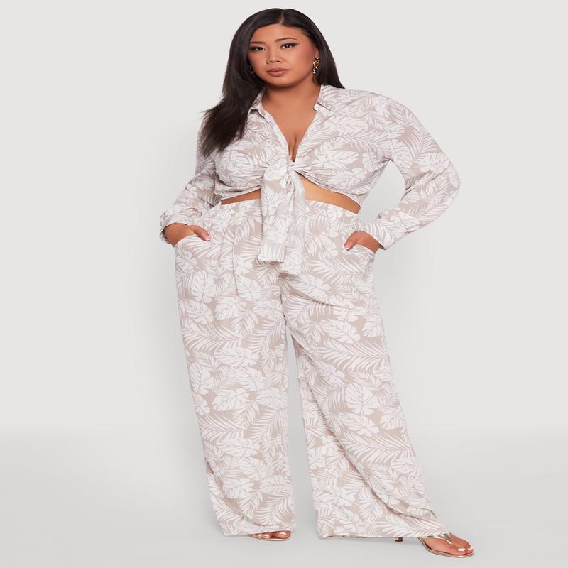 Plus Size Airy Leaf Print Palazzo Pants