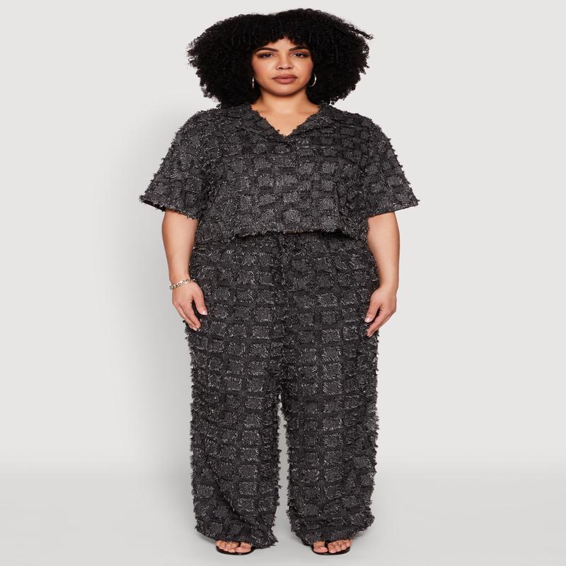 Plus Size Spoon Jeans Plaid Frayed Wide Leg Pants