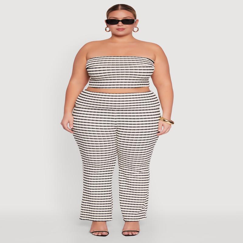 Plus Size Stylish Striped Fold Over Bootcut Pants