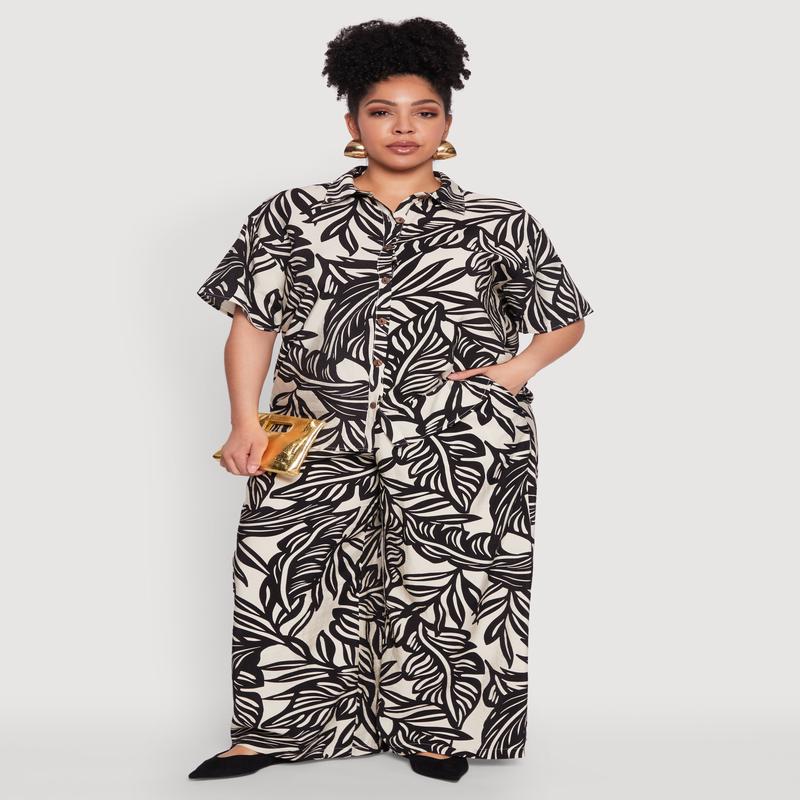 Plus Size Leaf Print Smocked Waist Pants