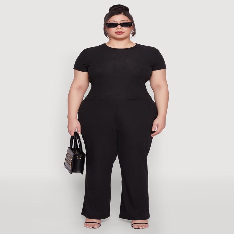 Plus Size Rib Knit Wide Leg Pants