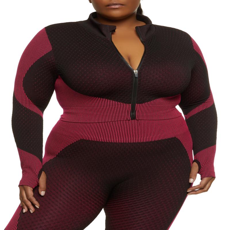 Plus Size Textured Knit Cropped Track Jacket