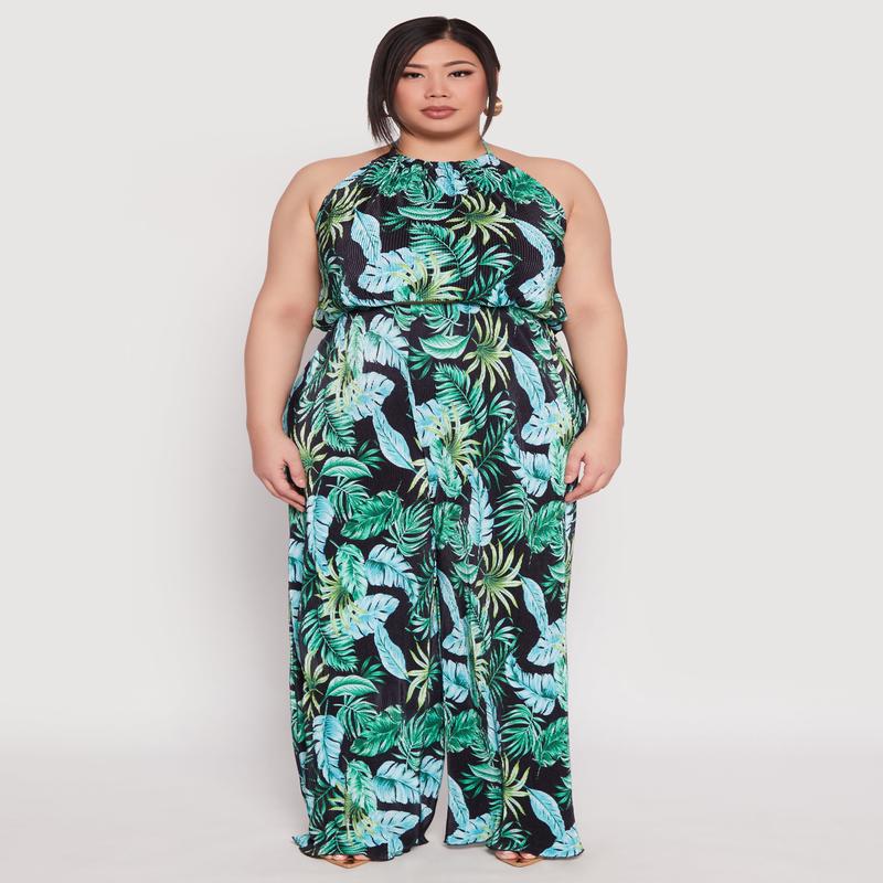 Plus Size Almost Famous Tropical Plisse Palazzo Pants