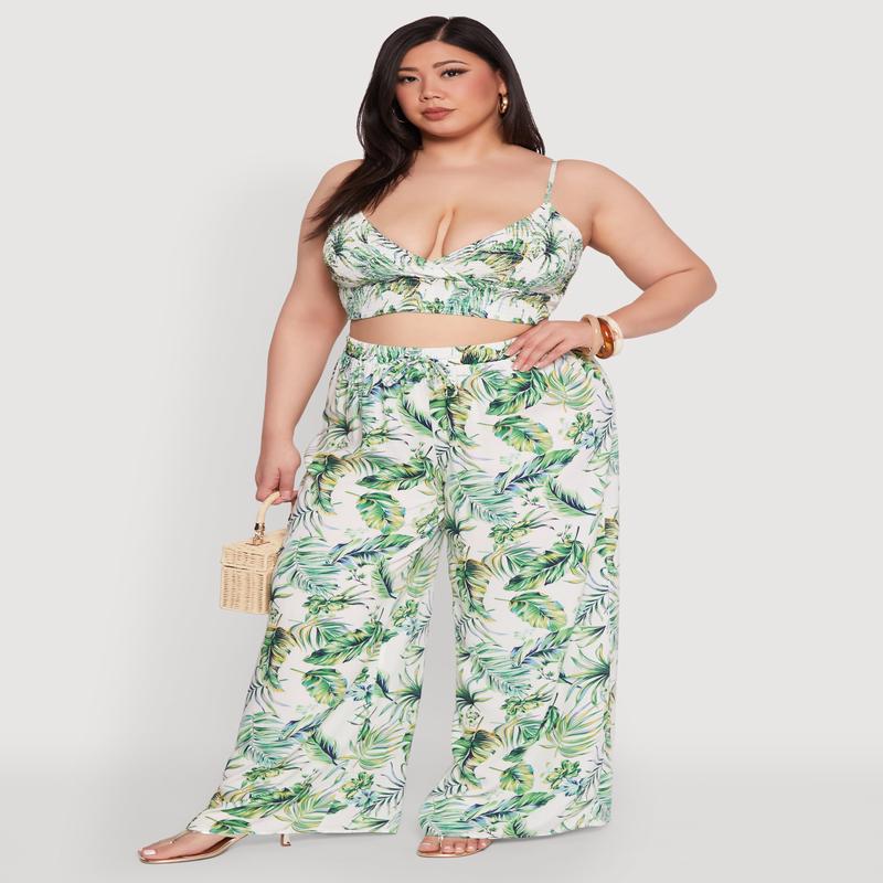 Plus Size Almost Famous Tropical Print Palazzo Pants