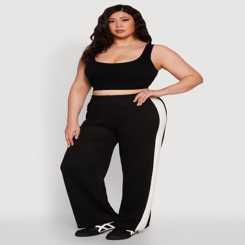 Plus Size Contrast Trim Wide Leg Pants