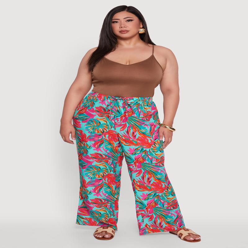 Plus Size High Waisted Leaf Printed Palazzo Pants