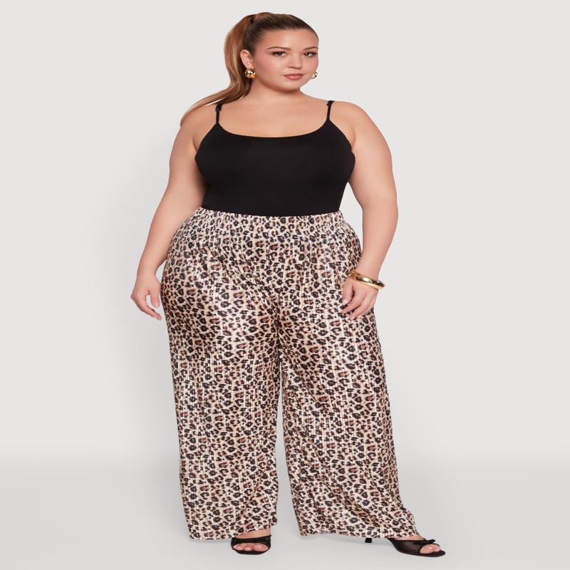 Plus Size Plisse Leopard Print Palazzo Pants