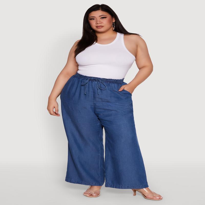Plus Size Stylish Chambray High Waisted Pants