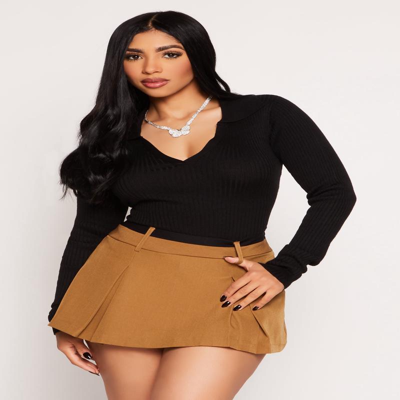 Ribbed Knit Johnny Collar Sweater