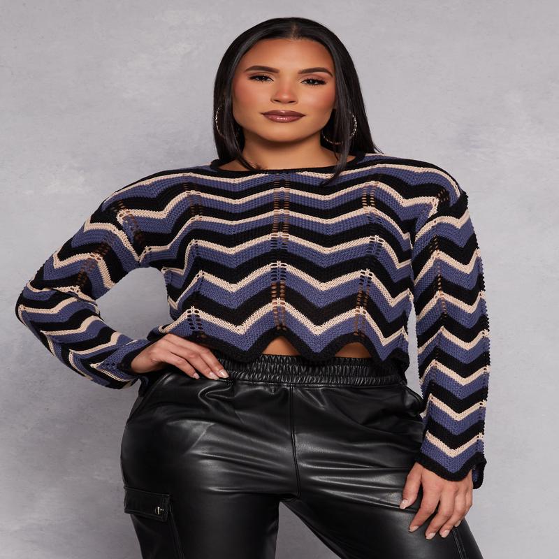 Chevron Pointelle Long Sleeve Crop Top