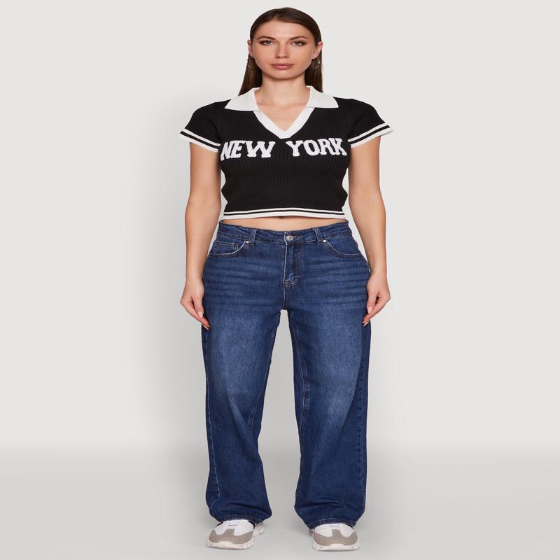 Ribbed Knit Varsity Stripe New York Cropped Polo Top