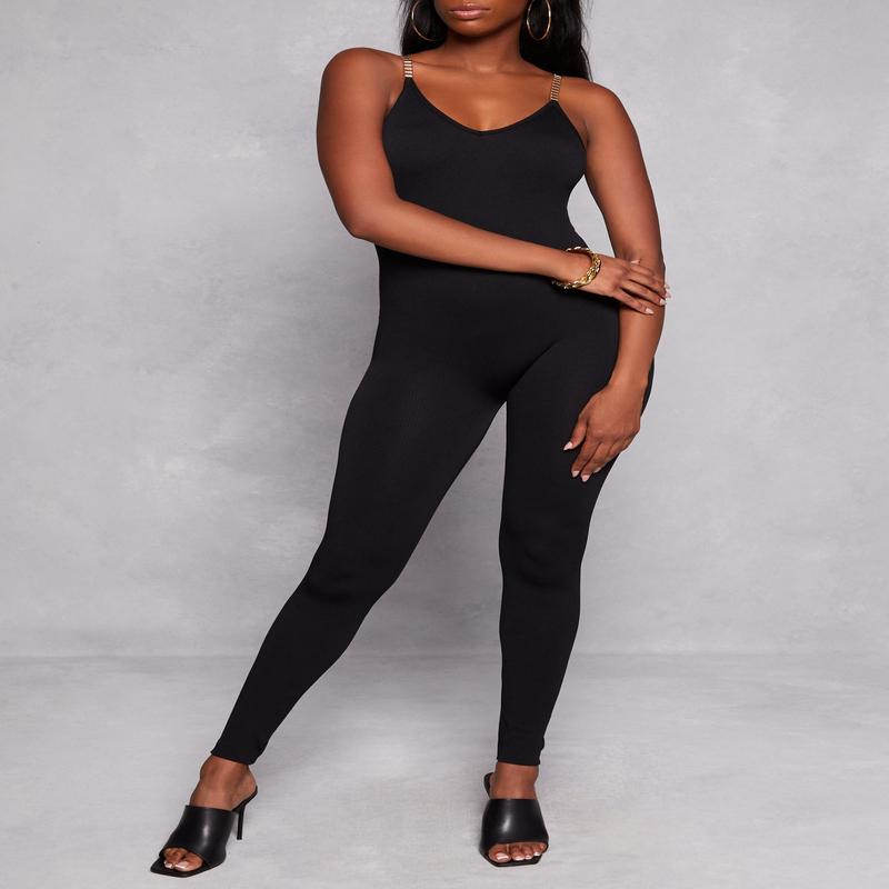Seamless Ribbed Chain Strap Cami Jumpsuit