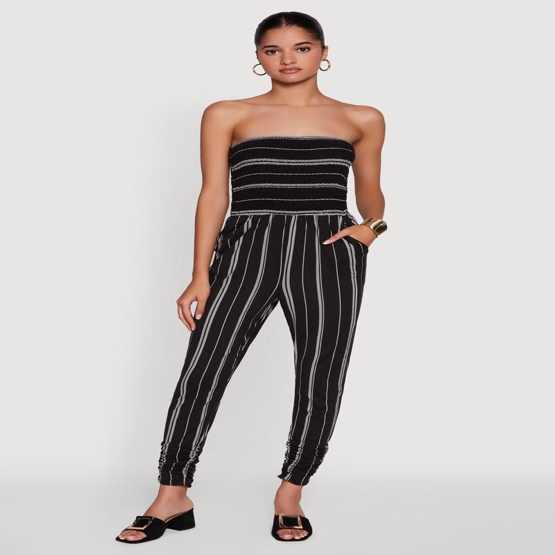 Smocked Strapless Stripe Jumpsuit with Pockets