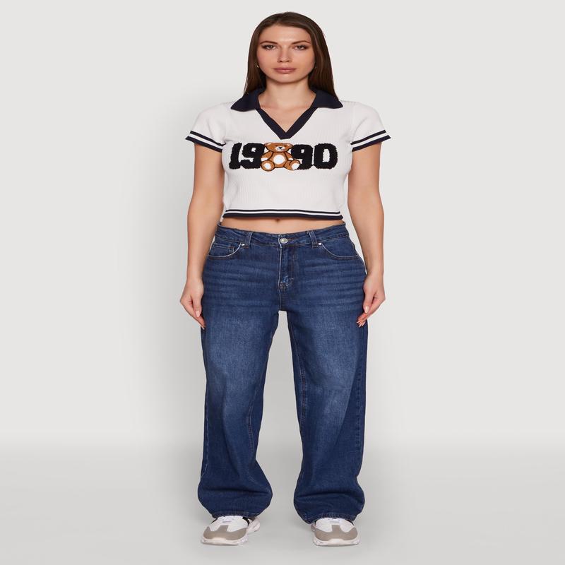 Varsity Striped Embroidered 1990 Bear Graphic Polo Shirt