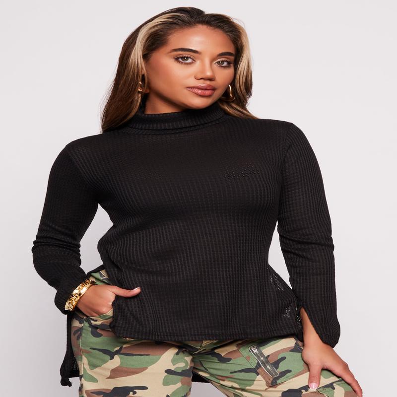 Waffle Knit Turtleneck High Low Top