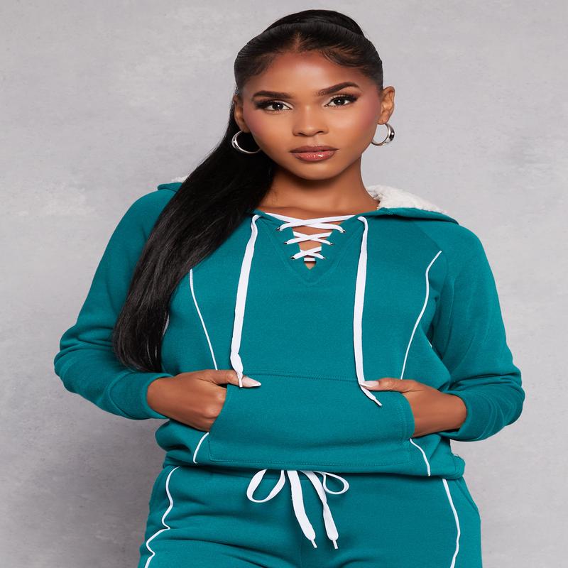 Fleece Contrast Piping Lace Up Pullover Hoodie