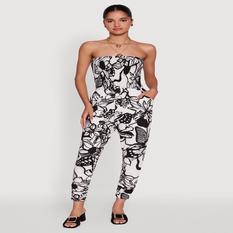 Floral Print Smocked Tube Jumpsuit