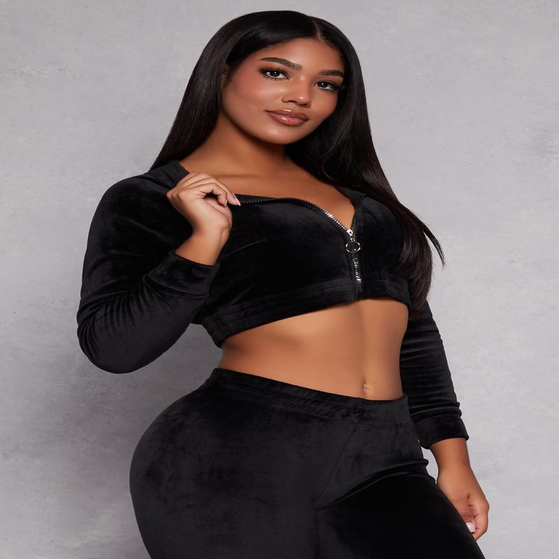 Velour Cropped Zip Front Hoodie