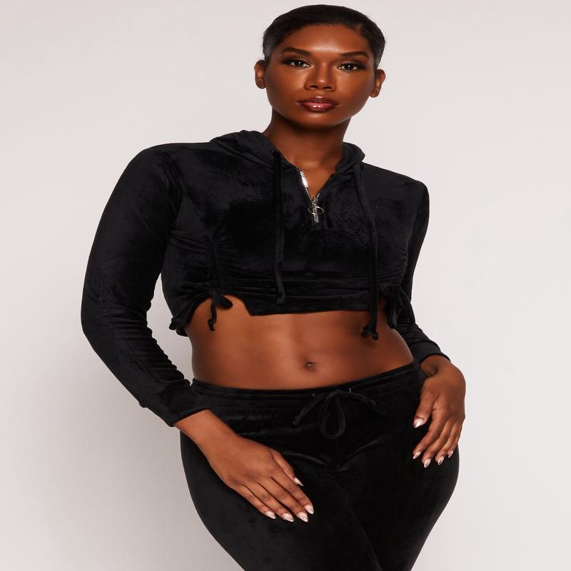 Velour Drawstring Ruched Half Zip Hoodie