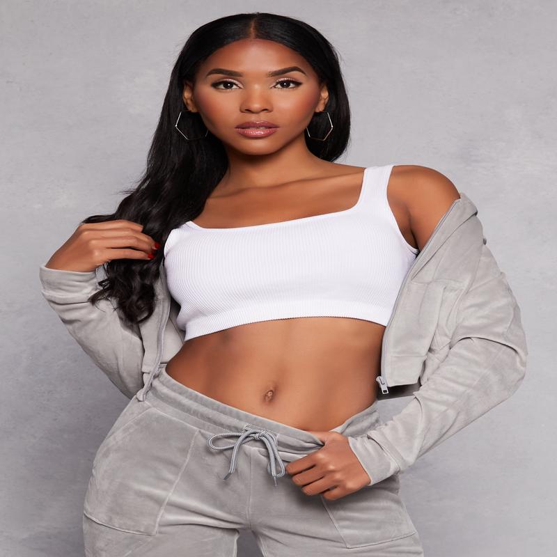 Velour Zip Front Hooded Crop Top