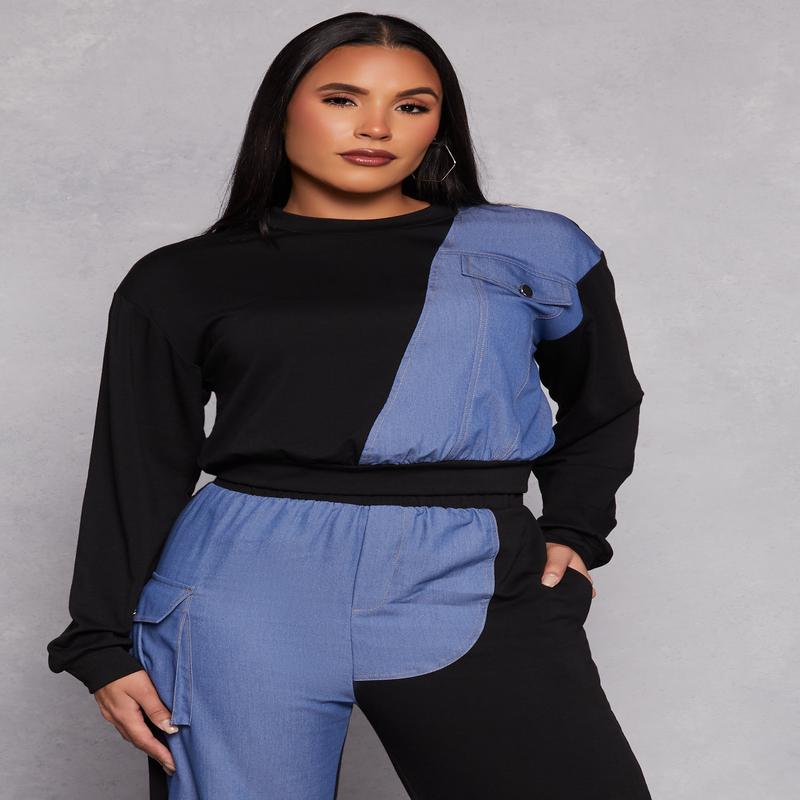 Chambray Color Block Pullover Sweatshirt