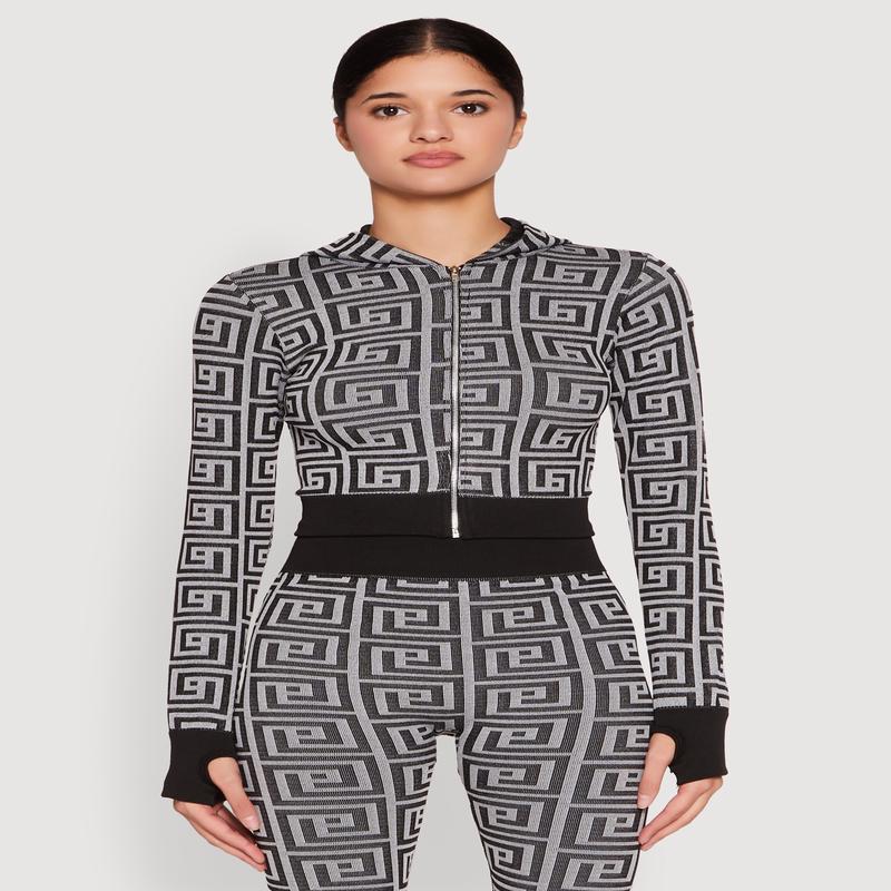 Color Block Greek Key Print Zip Front Hoodie