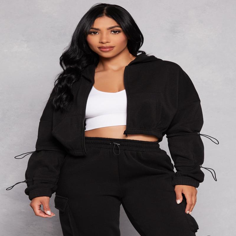 Fleece Toggle Drawstring Zip Front Hoodie