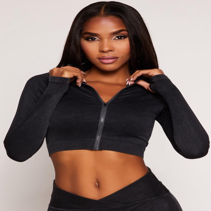 Seamless Ribbed Knit Zip Front Crop Top