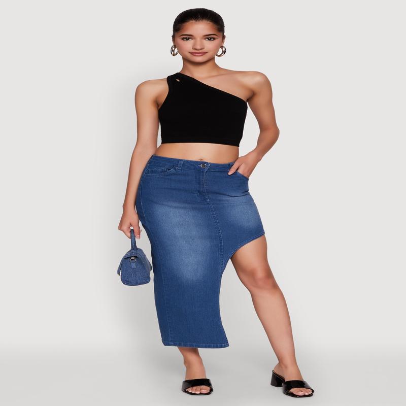 Asymmetrical Denim Maxi Skirt