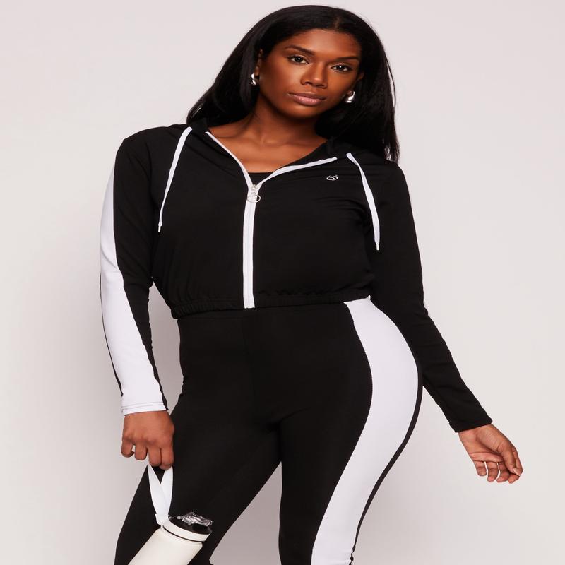 Color Block Zip Front Cropped Hoodie