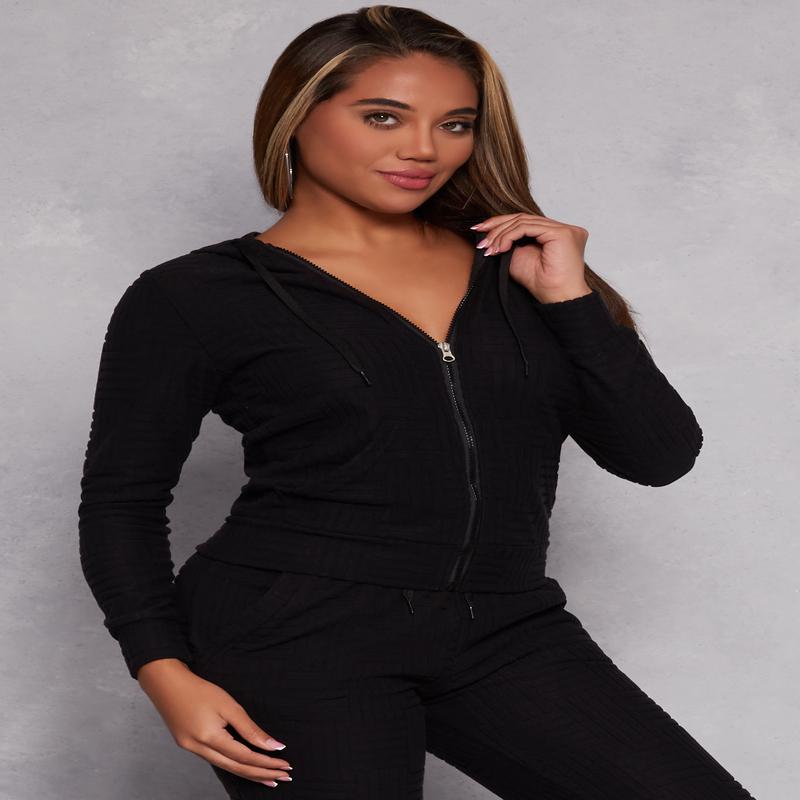 Fleece Patterned Zip Front Hoodie